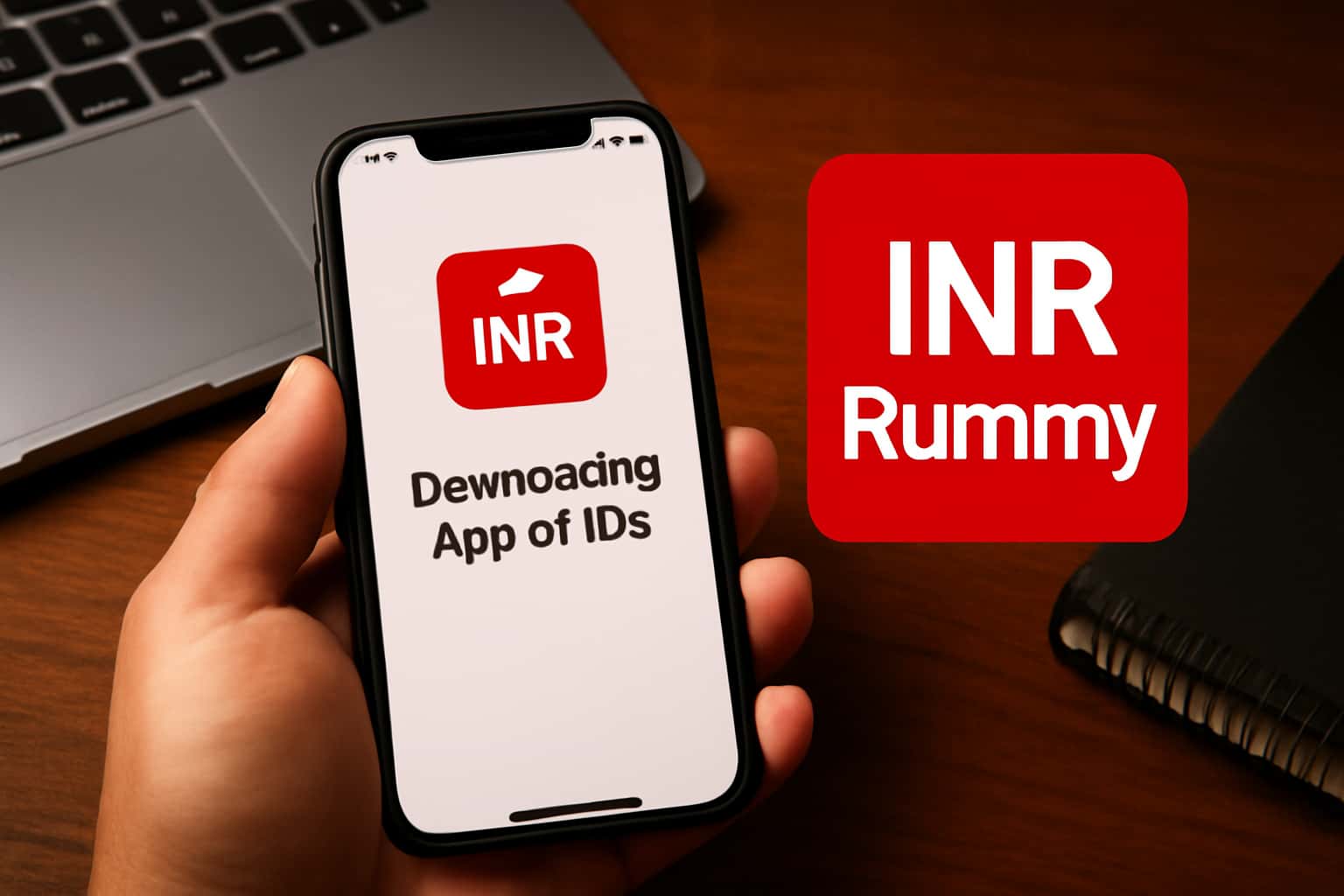 Informational scene illustrating the process of downloading the INR Rummy app on iOS.