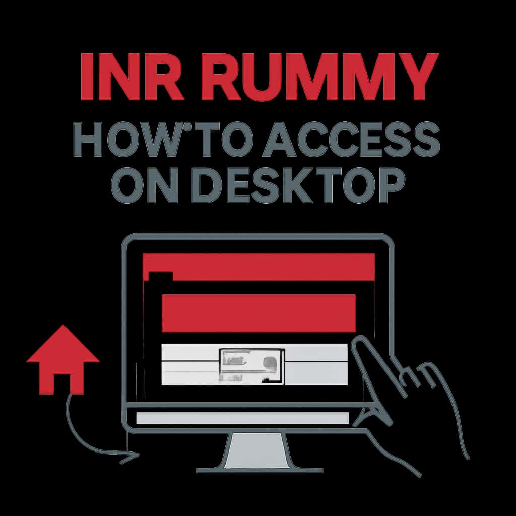 An educational illustration showing step-by-step access to INR Rummy on desktop.