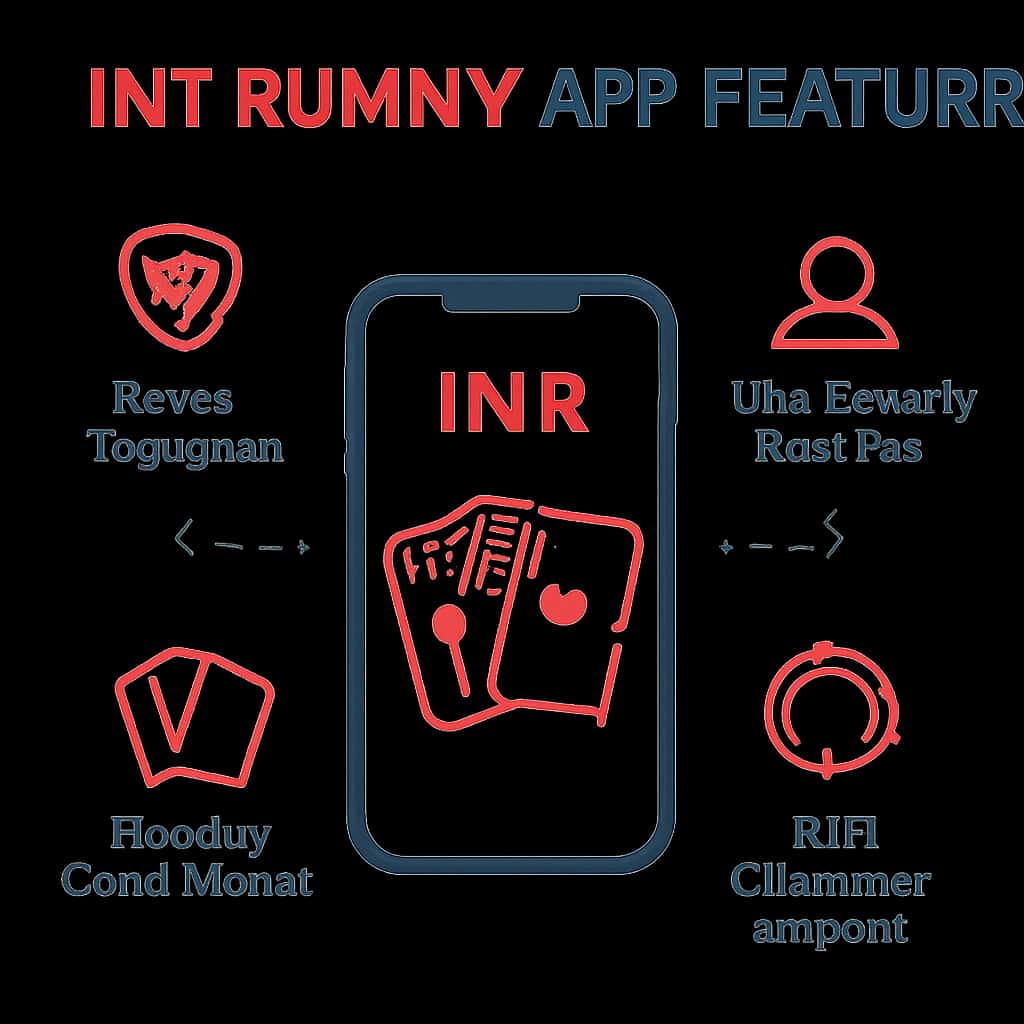 An educational diagram detailing INR Rummy app features.