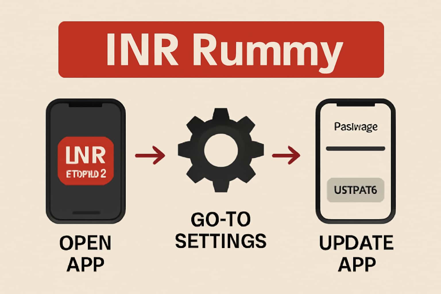Informational scene depicting steps for updating the INR Rummy app.