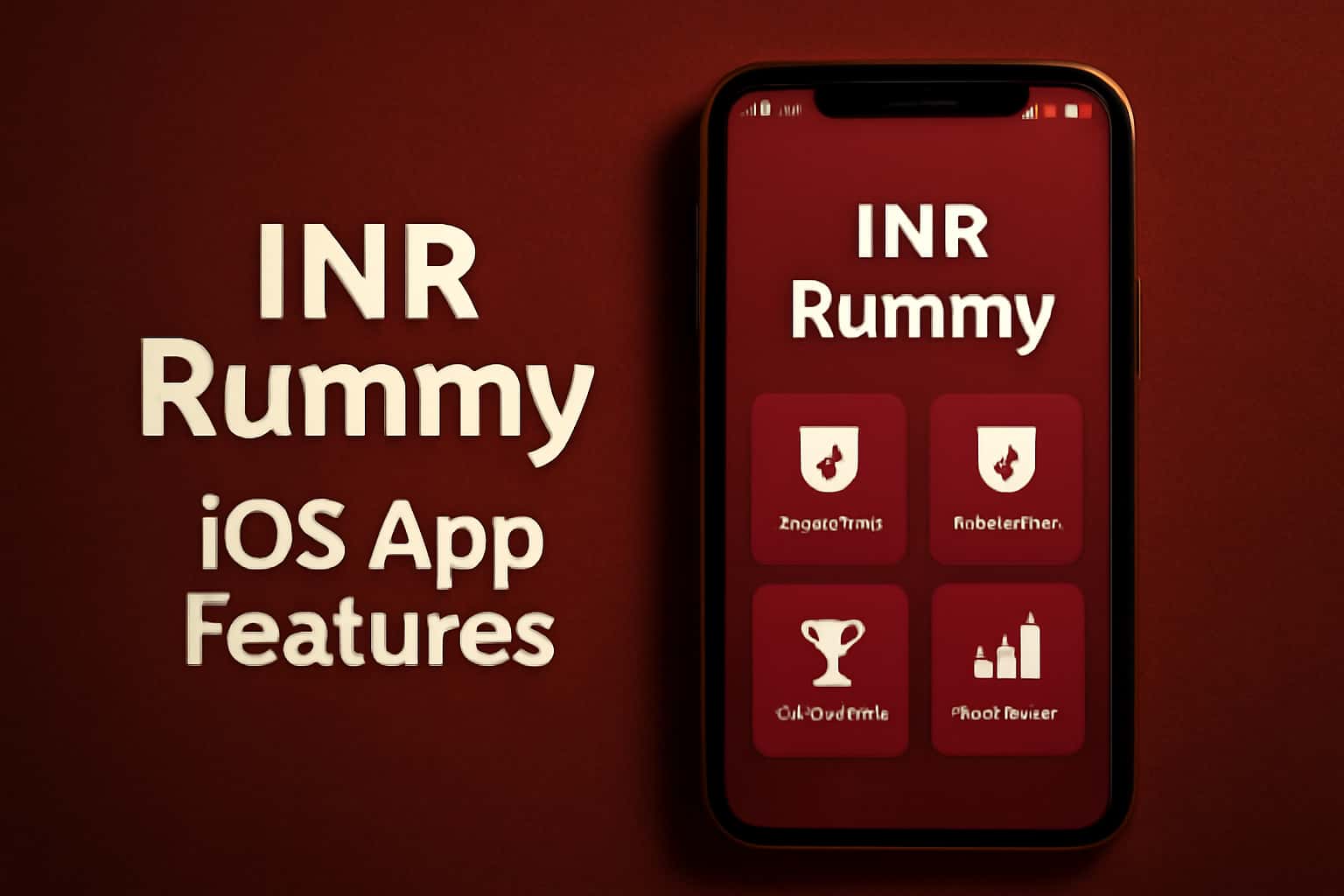 An informational scene showcasing features of the INR Rummy iOS app with prominent text.