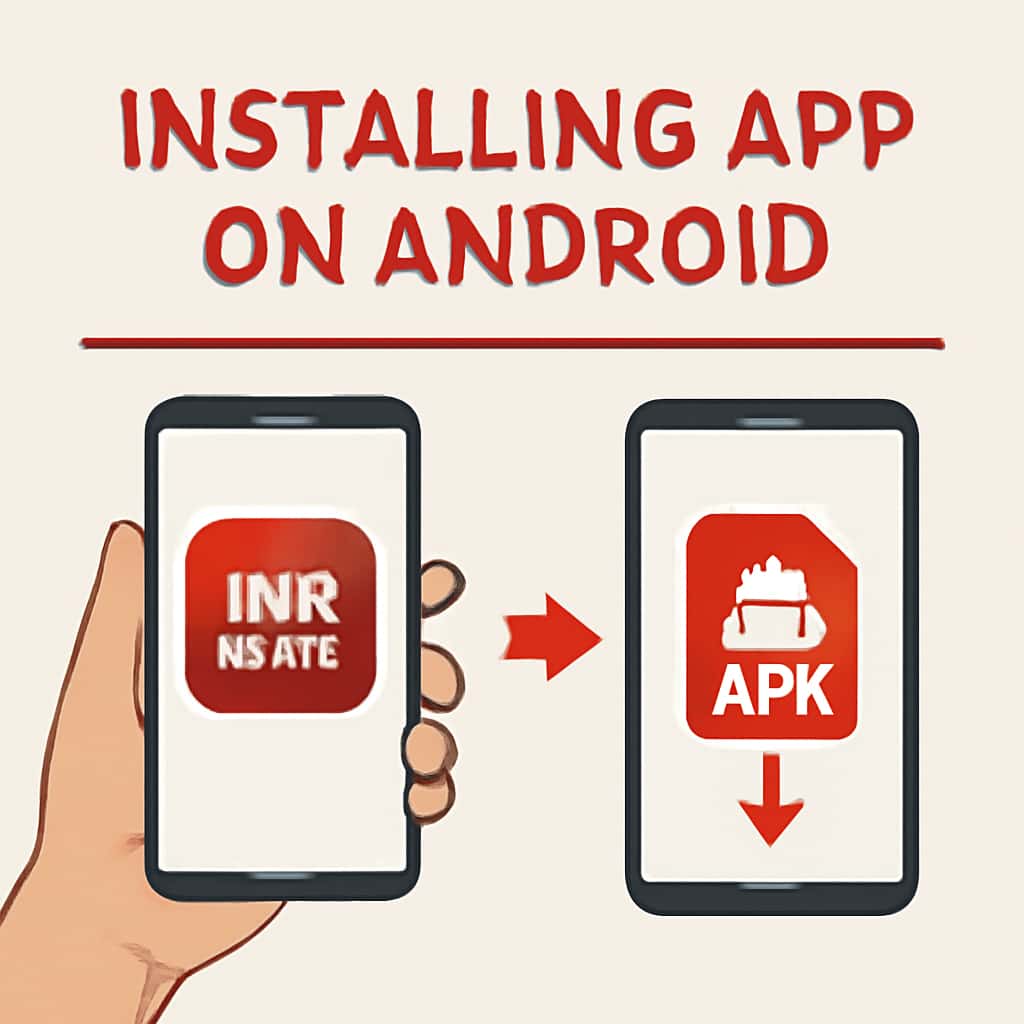 Illustration showing key steps for installing the INR Rummy app on Android devices.